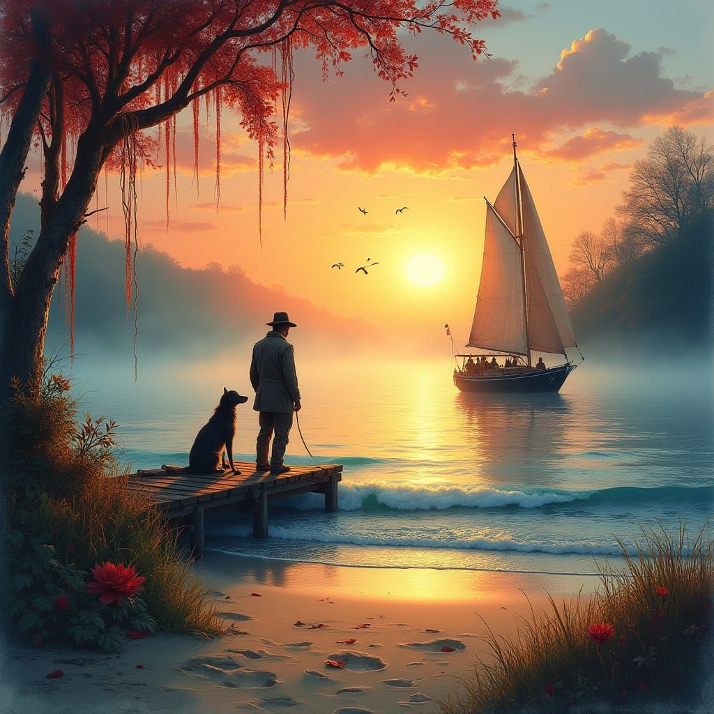 Watercolor Sunset Over Ocean With Sailboat