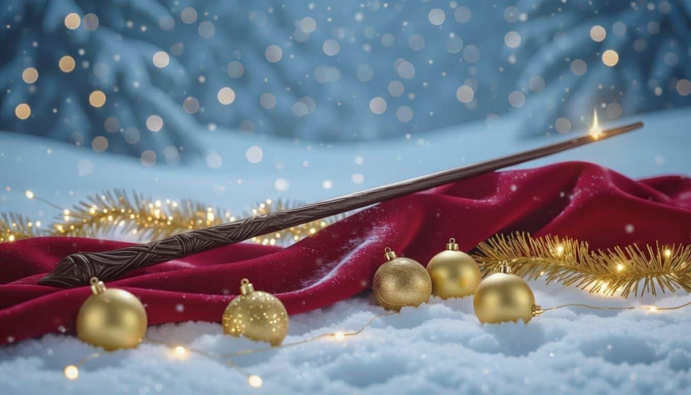 Magical Christmas Scene with Elder Wand and Snowfall