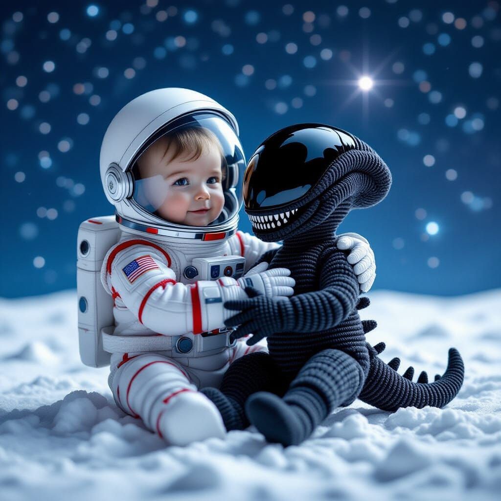 Cosmonaut Toddler Hugging Xenomorph Puppet in Space