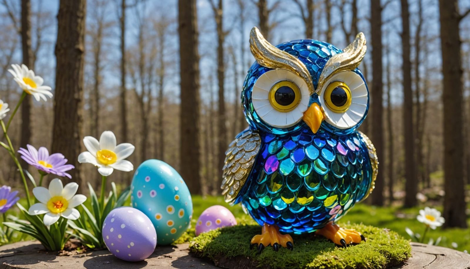 Whimsical Easter Forest Scene with Iridescent Owl and Duckli...