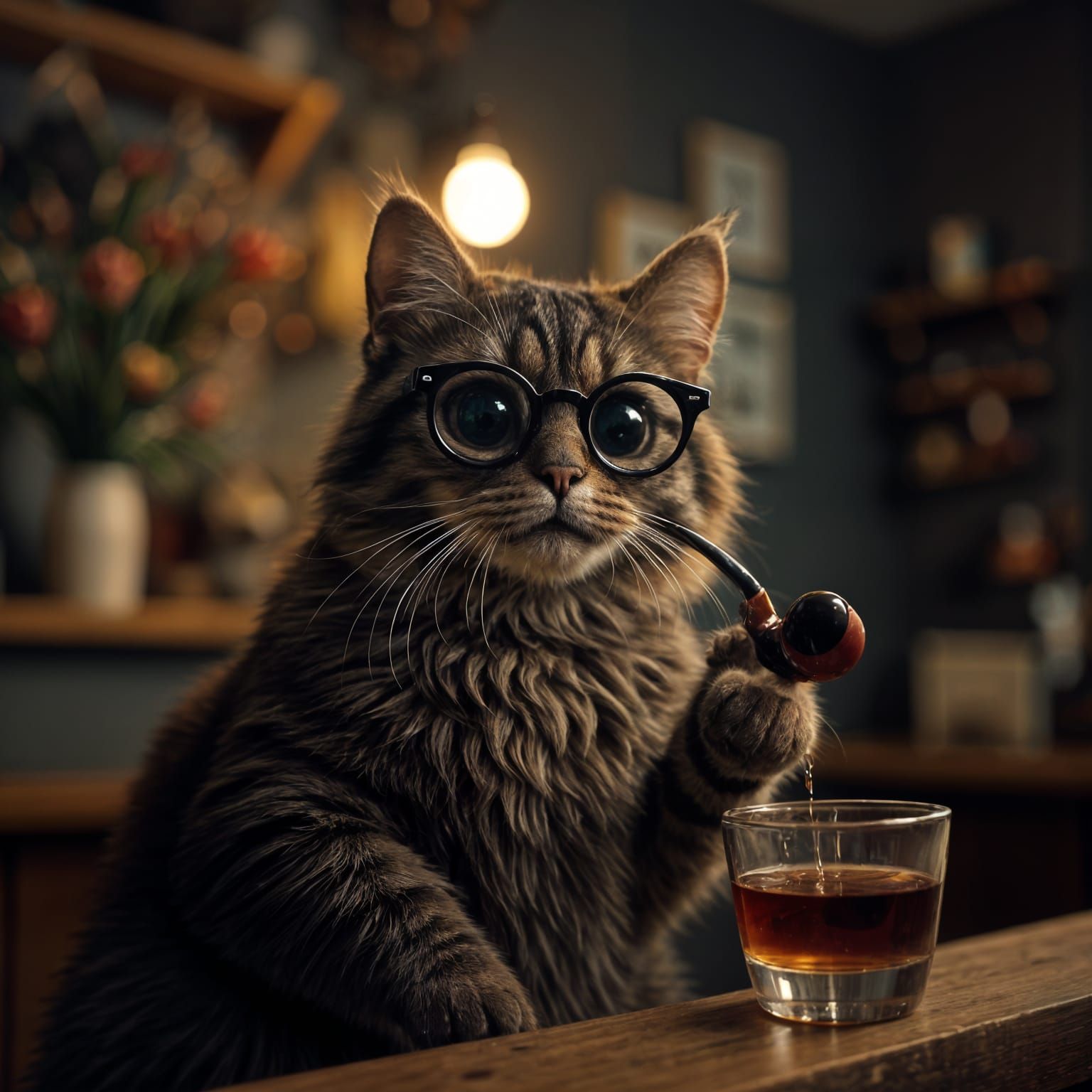 Hipster Tabby Cat with Bourbon in Cinematic Style