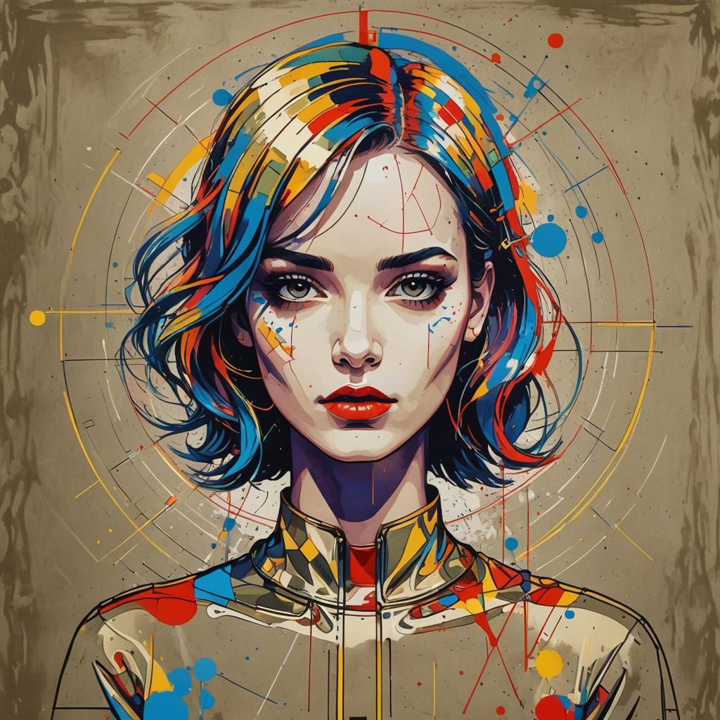 Metal Pop Art Girl in Geometric Bauhaus Style