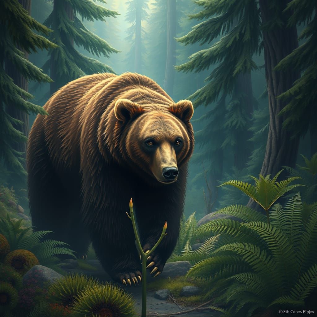 Grizzly Bear Roaming in Lush Rainforest