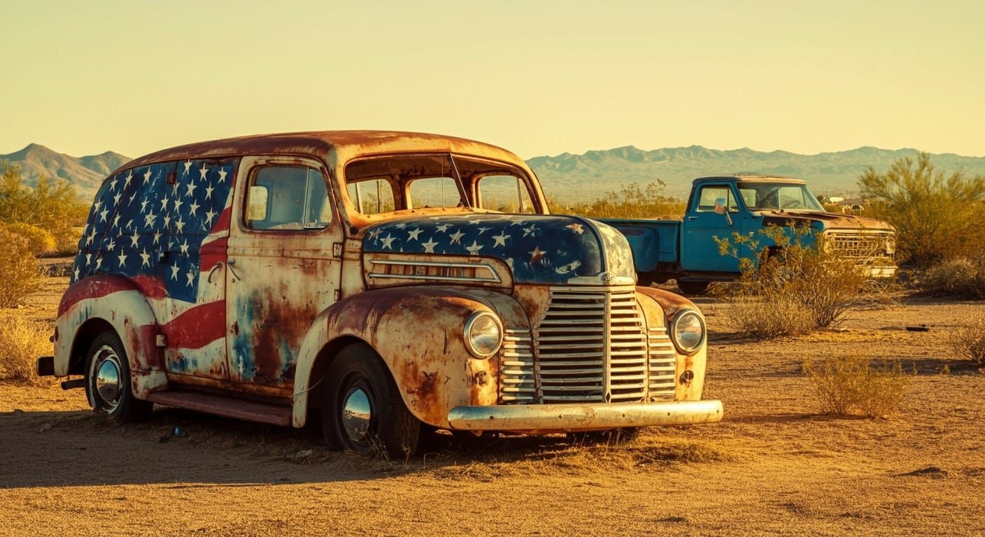Vintage American Van in Desert Landscape