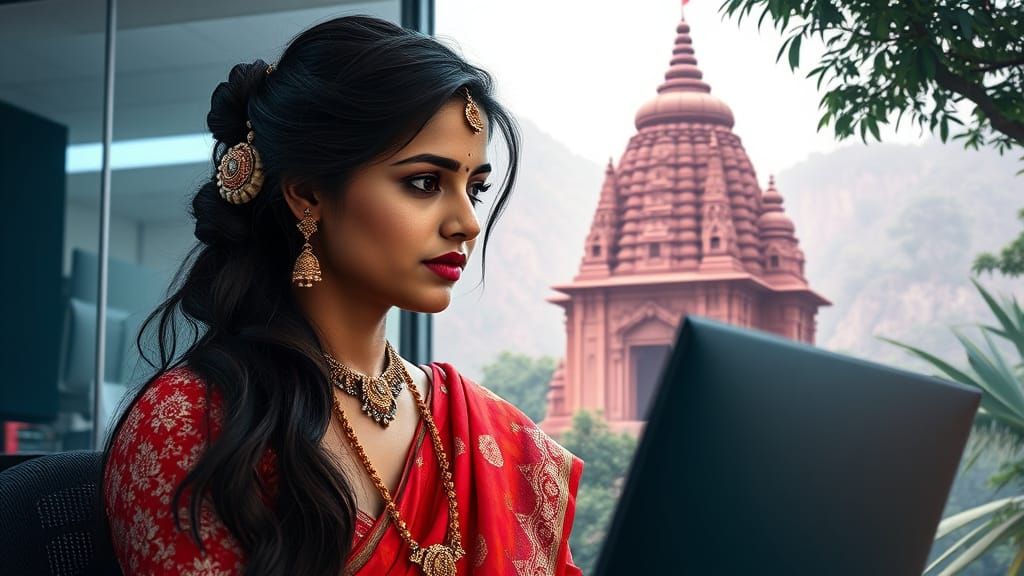 Indian Beauty in Harmony with Ancient Temple