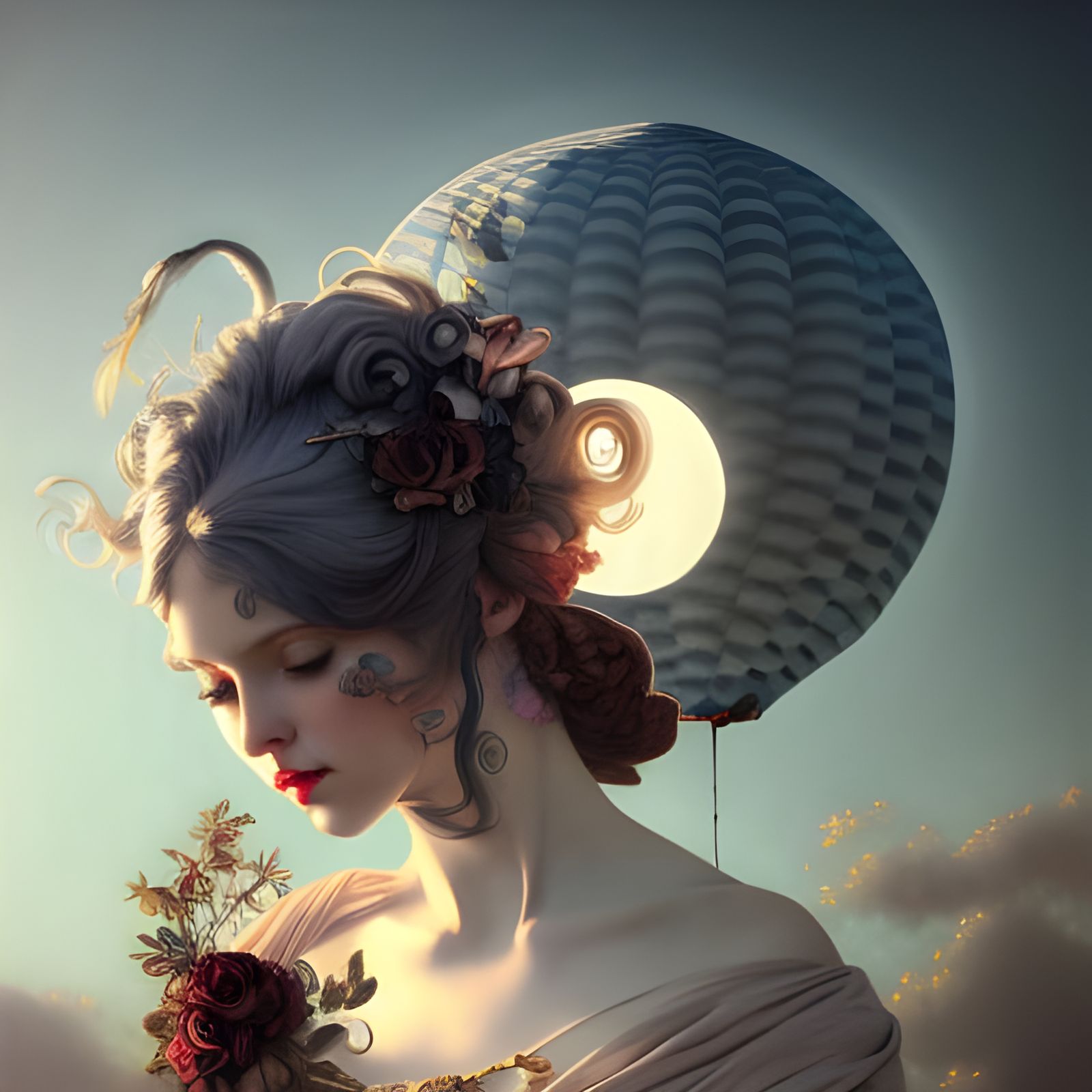 Moonlit Hot Air Balloon in Rococo Style