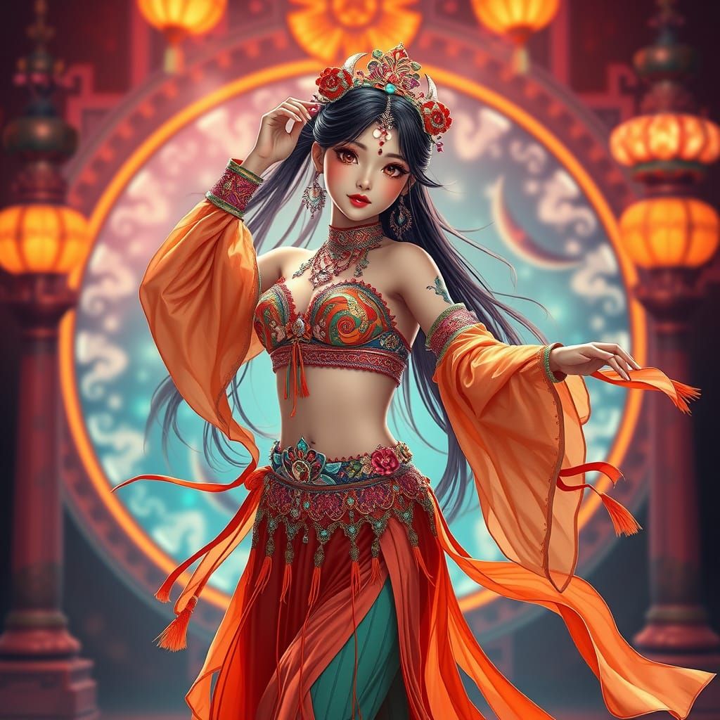 Korean Anime Bellydancer in Vibrant Outfit, Dynamic Pose
