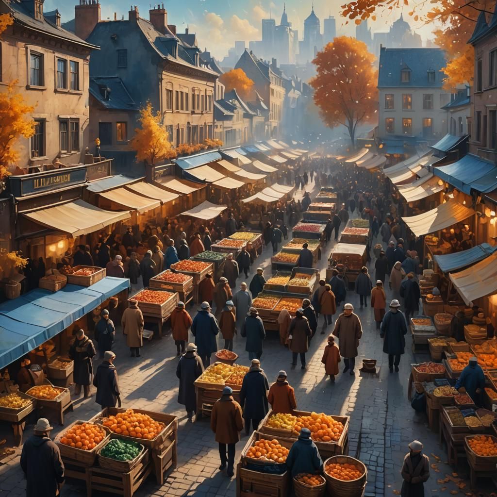 Autumn Market in Golden Light: Oil Painting
