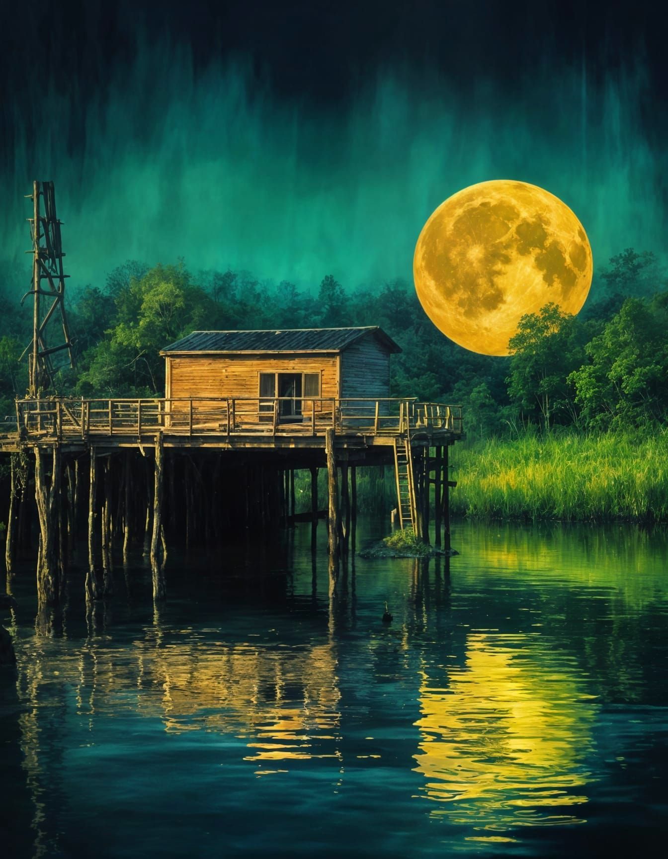 Golden Moon Over Misty Lake with Wooden Wharf