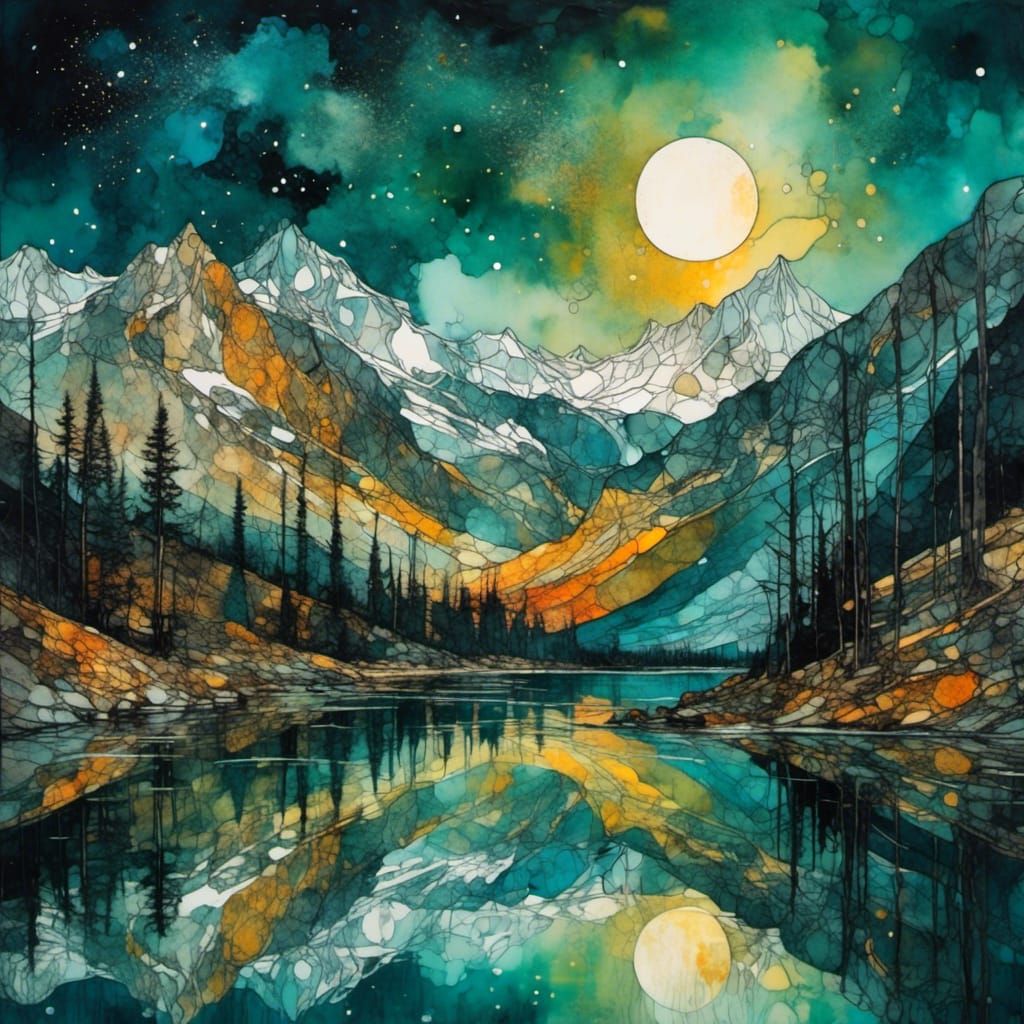 Starry Lake Reflection: Surreal Digital Dreamscape