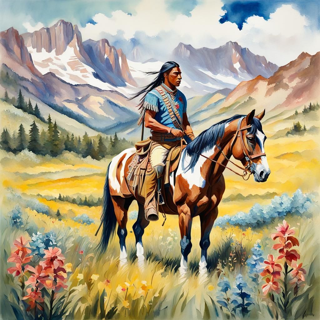 Native American Warrior on Horse in Gouache Style