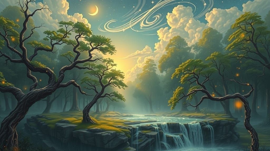 Surreal Forest Landscape in Warm, Golden Light
