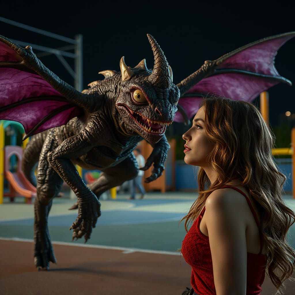 Flying purple people eater in love with a beautiful woman ...