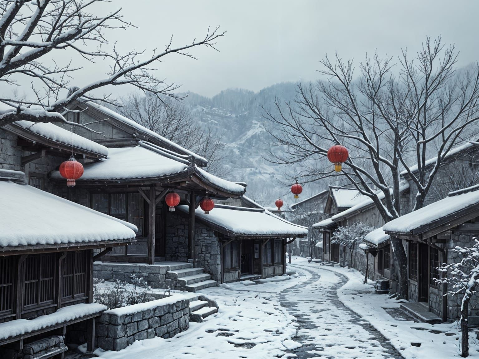 Snowy Hanok Village with Red Lanterns as Sumi-e Painting
