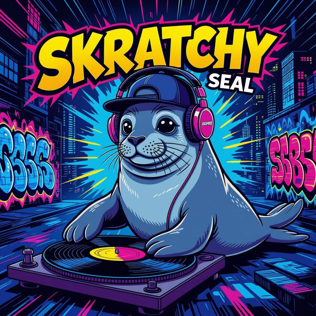 Skratchy Seal DJ in Graffiti Cityscape