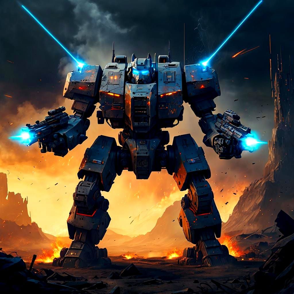 Armored Timberwolf Mech in Post-Apocalyptic Battle