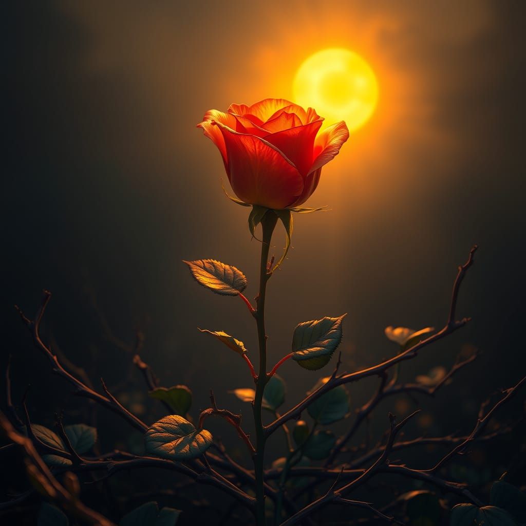 Hopeful Rose Defies Dark Thorns in Vibrant, Surreal Landscap...