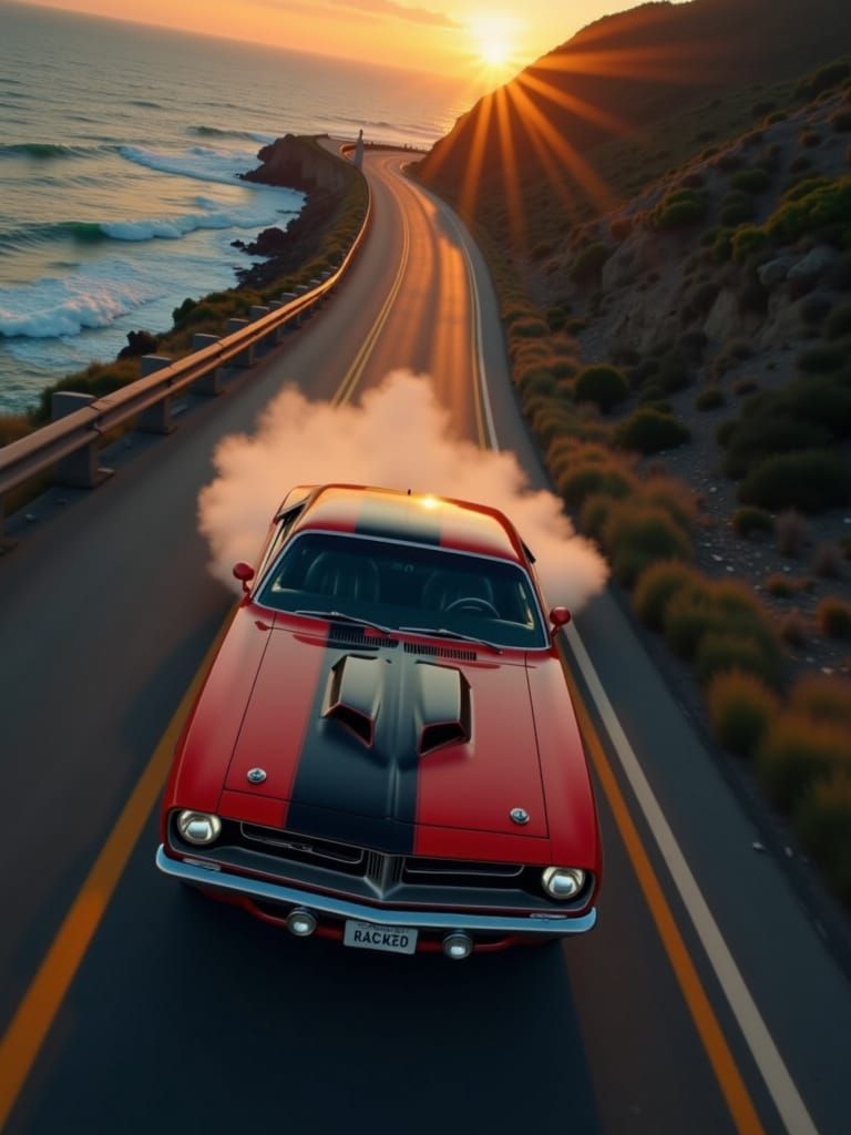 Cherry Red 1970 Plymouth Barracuda Drifting at Sunset
