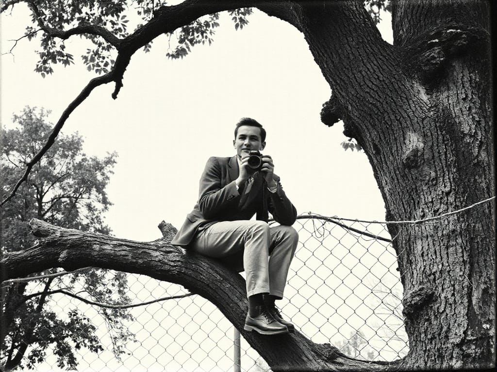 Young Journalist Photographing From a Tree: Old Photo Style