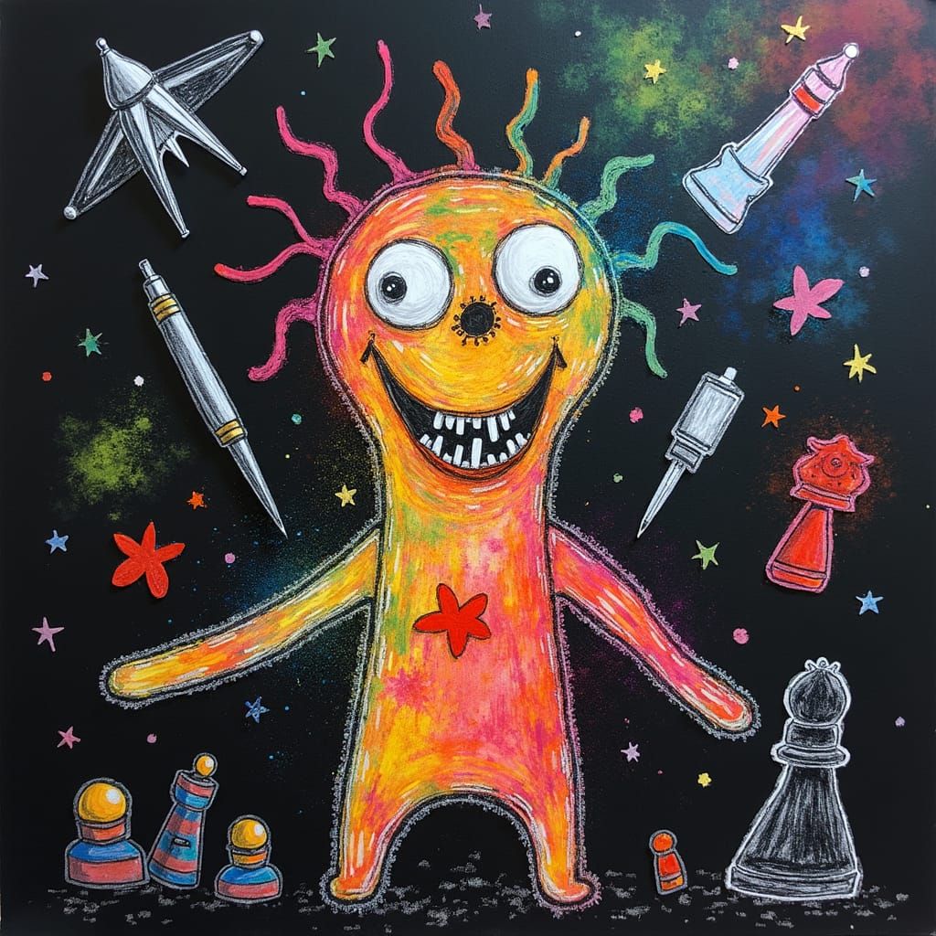 Whimsical Crayon Creature in Rayograph-Style Collage