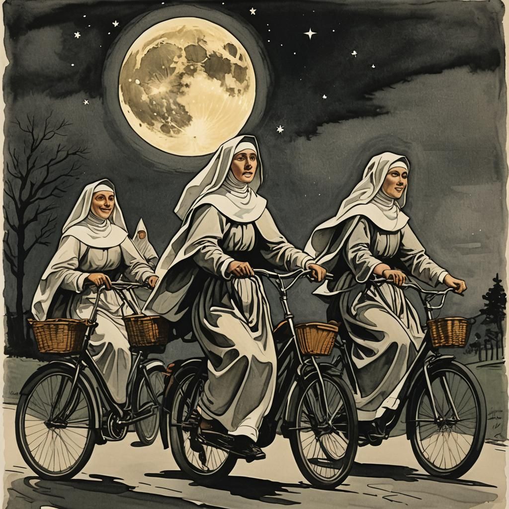 Nuns Biking Under Moon, Gouache Ink Print
