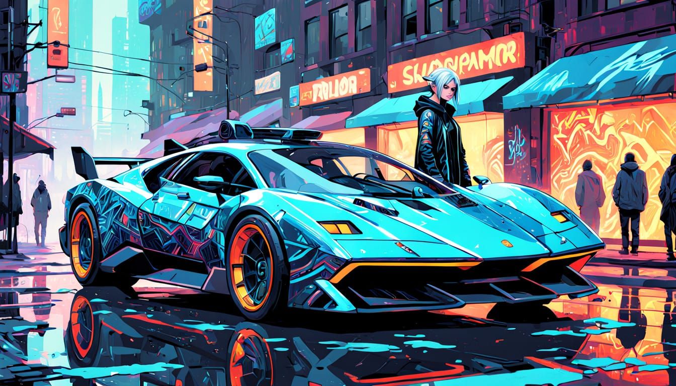 Anime Elf in Cyberpunk Dreamscape with Neon Sports Car