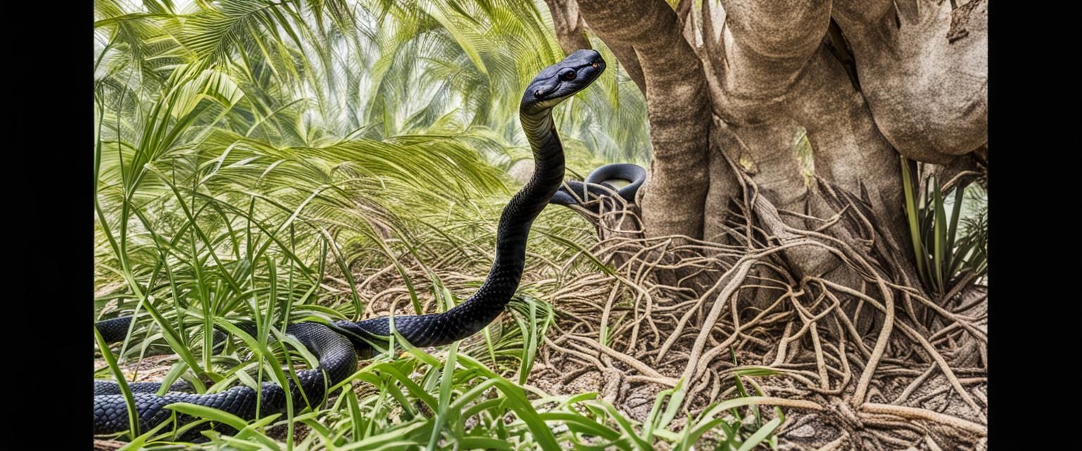 Small Black Snake in Palm Tree
