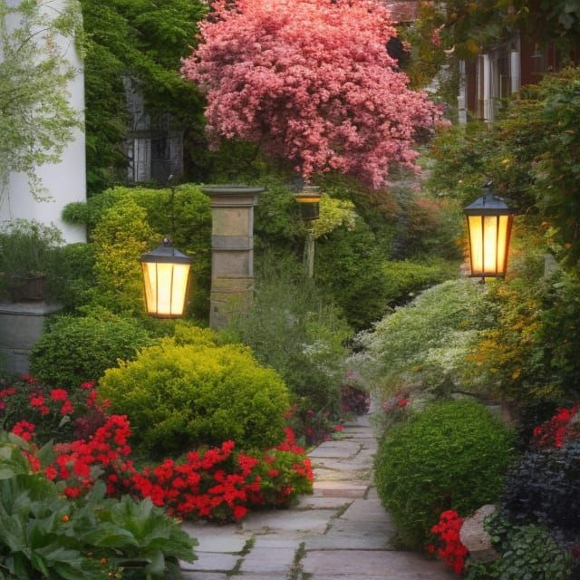 Sunrise Garden with Stone Pavers in Art Nouveau Style