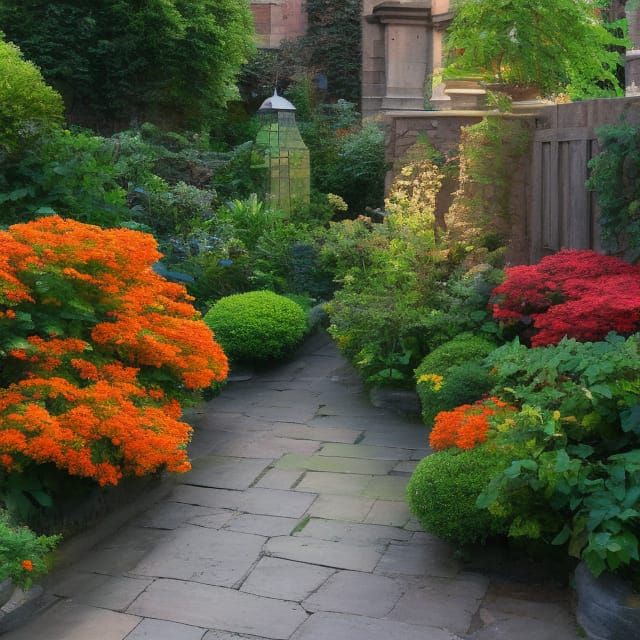 Sunrise Garden with Stone Pavers, Hyperdetailed Concept Art