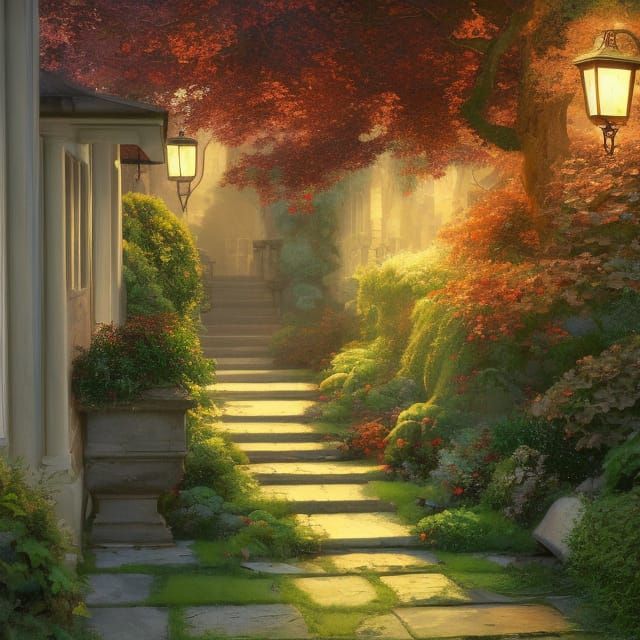 Sunrise Garden with Stone Pavers in Art Nouveau Style