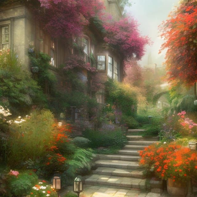 Sunrise Garden with Stone Pavers in Art Nouveau Style