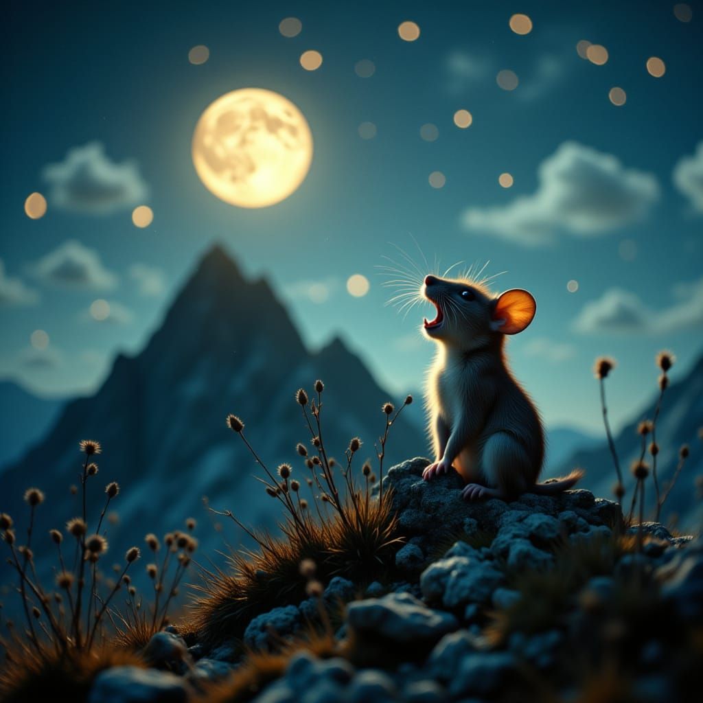 Tiny Mouse Serenades the Waning Moon in a Vibrant Lomography...