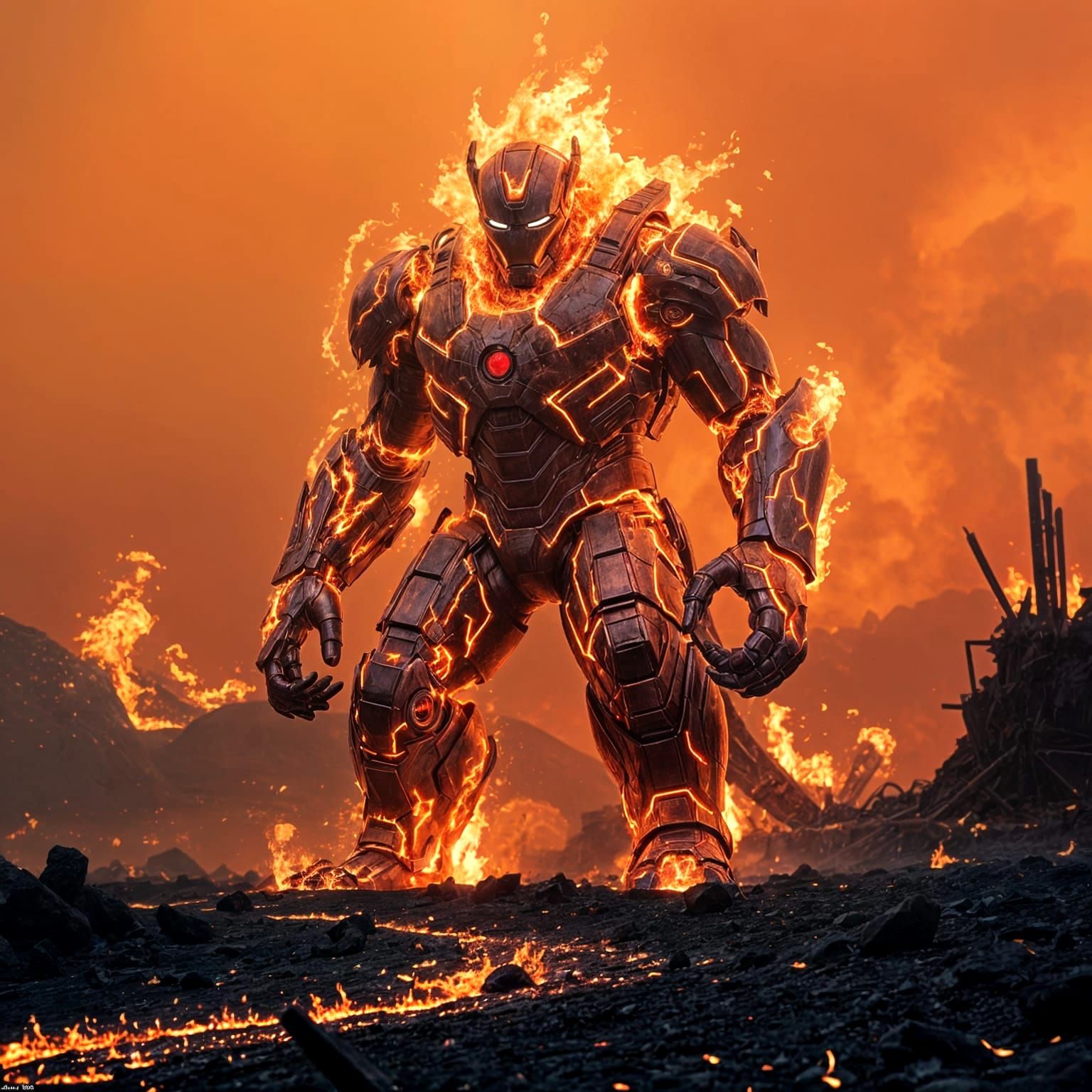 Fierce, Molten Iron Man Towers Over a Scorched Battlefield