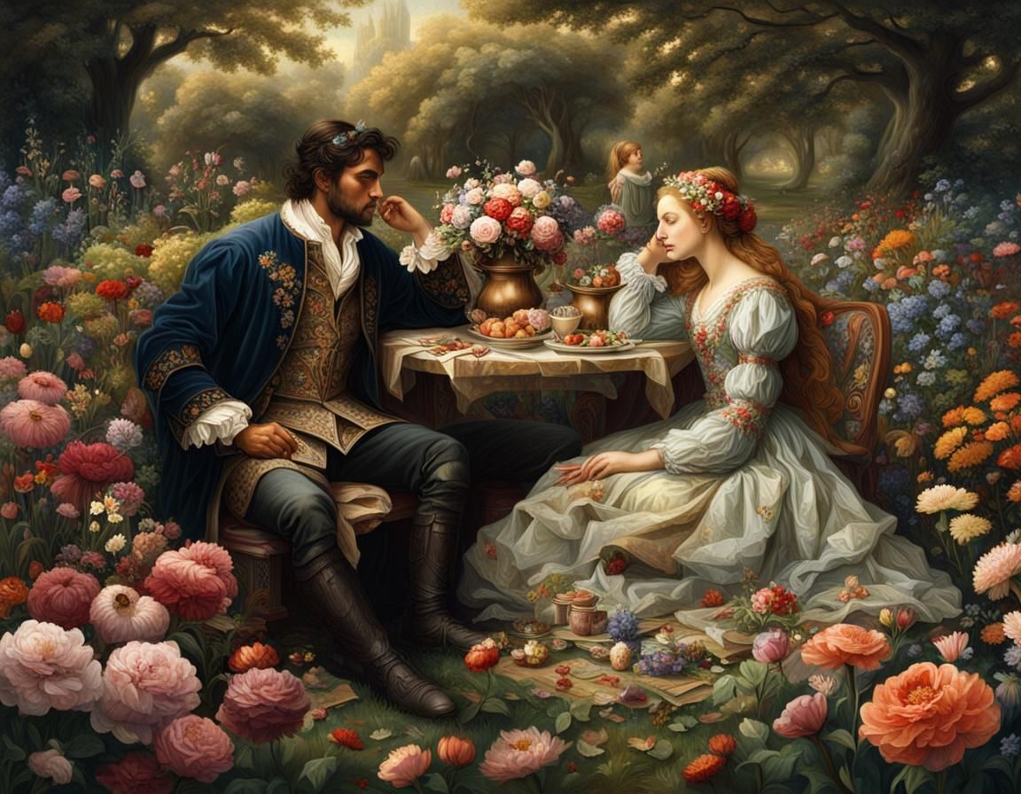Romantic Renaissance Couple in Flower Garden