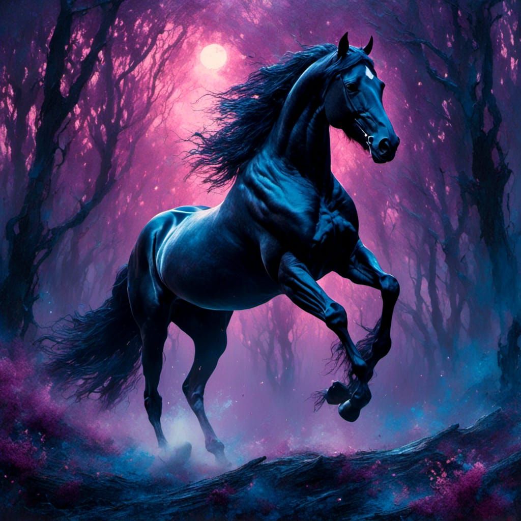Powerful Black Horse Rearing in Misty Forest