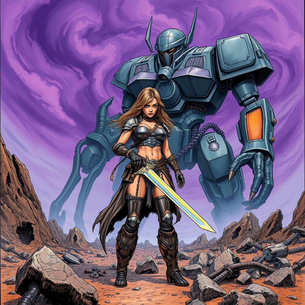 Defiant Warrior on Alien Battlefield in Comic Style