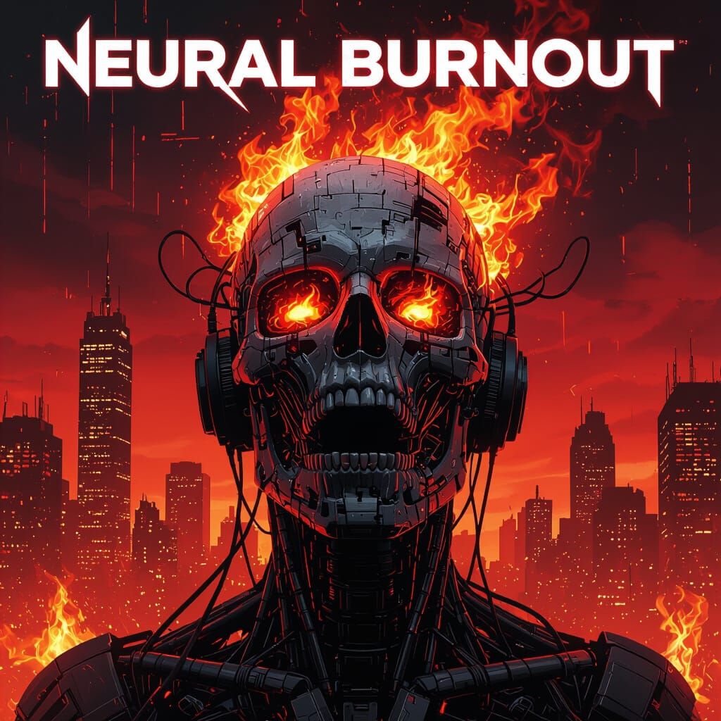 Cyberpunk Head Ablaze in Dystopian Cityscape