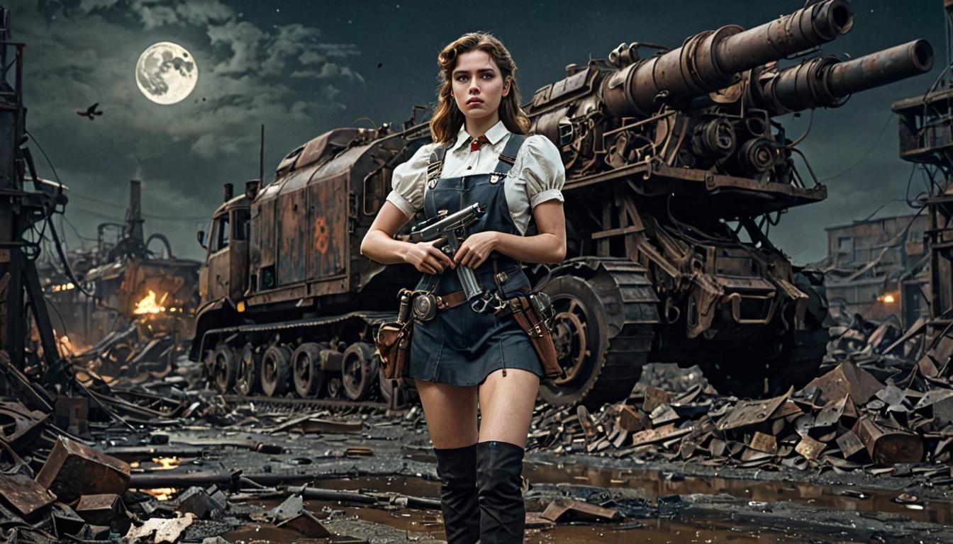 Steampunk Harvester in Ruined Factory with Girl