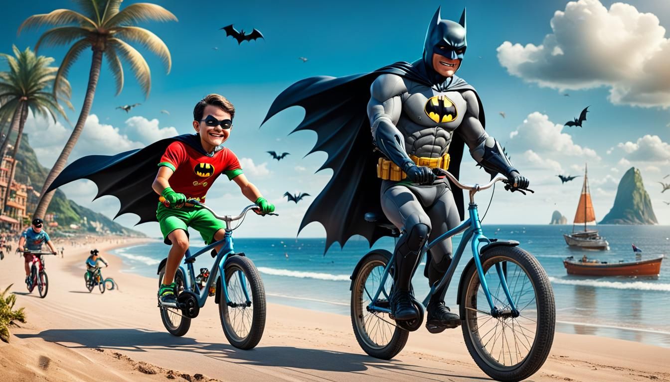 Batman and Robin Enjoy Beach Vacation in Hyperrealism