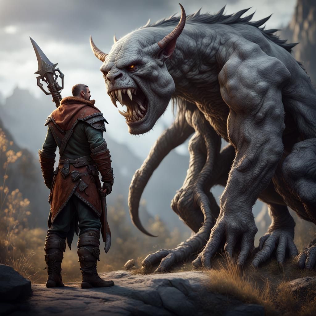 Half-Orc Ranger and Lindworm, Fantasy Concept Art