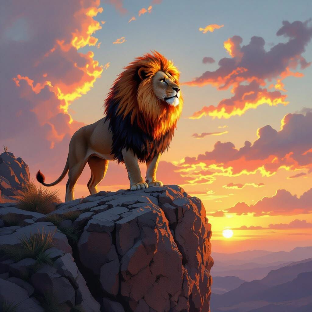 Lion with Flaming Mane at Sunset, Hyperrealistic Art