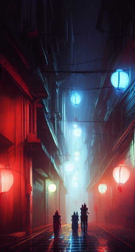 Sinister Lanterns in Dark Streets, Detailed Matte Painting