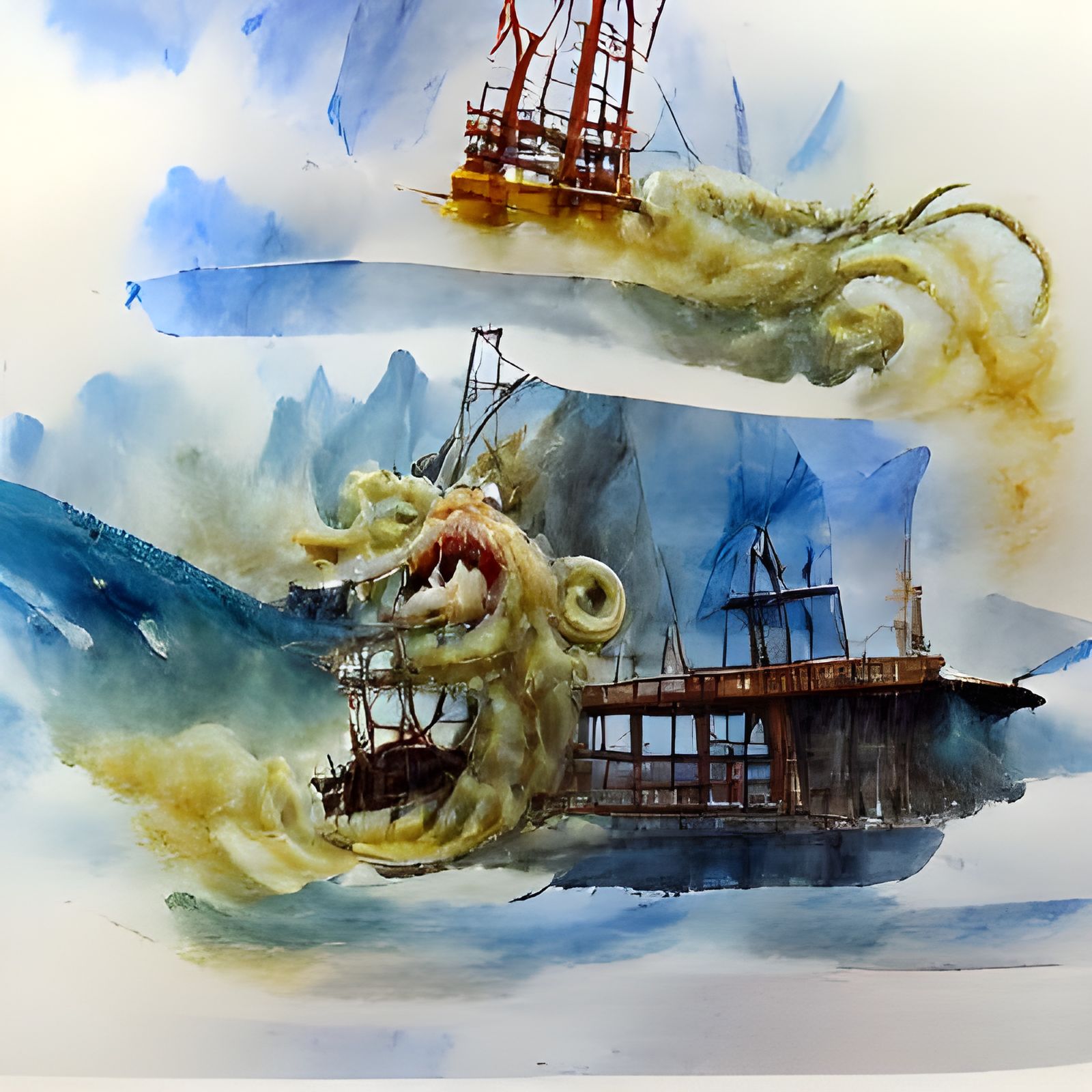 Watercolor Water Monster Attacks Chinese Ship