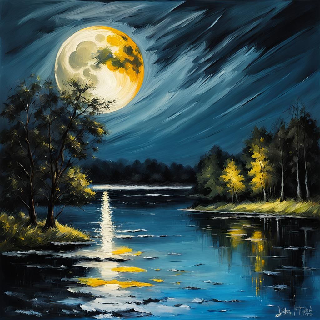 Dramatic Full Moon Lake Illustration in Noir Style