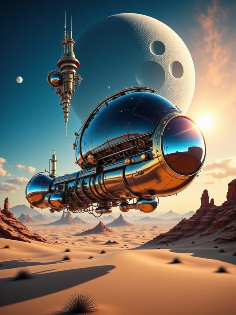 Steampunk Sci-Fi Spaceship Over Desert Dunes
