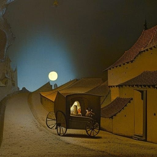 Medieval Cart in Dark Alley: Bosch Gouache
