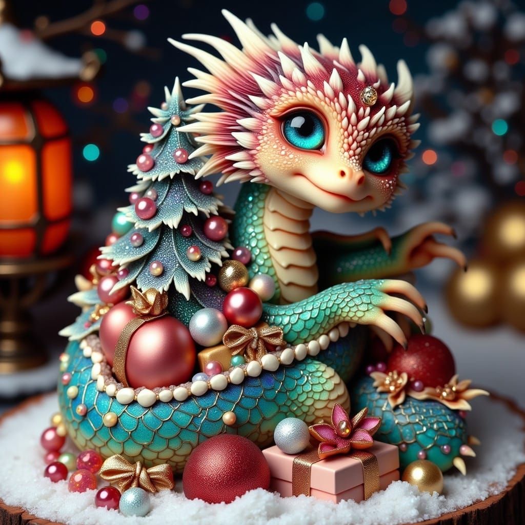 Festive Dragon Christmas Tree in Whimsical Fantasy Style