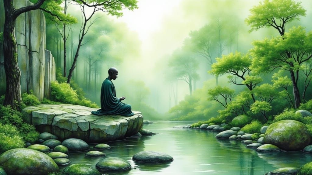 Zen Master in Watercolor Zen Garden, Ukiyo-e Style