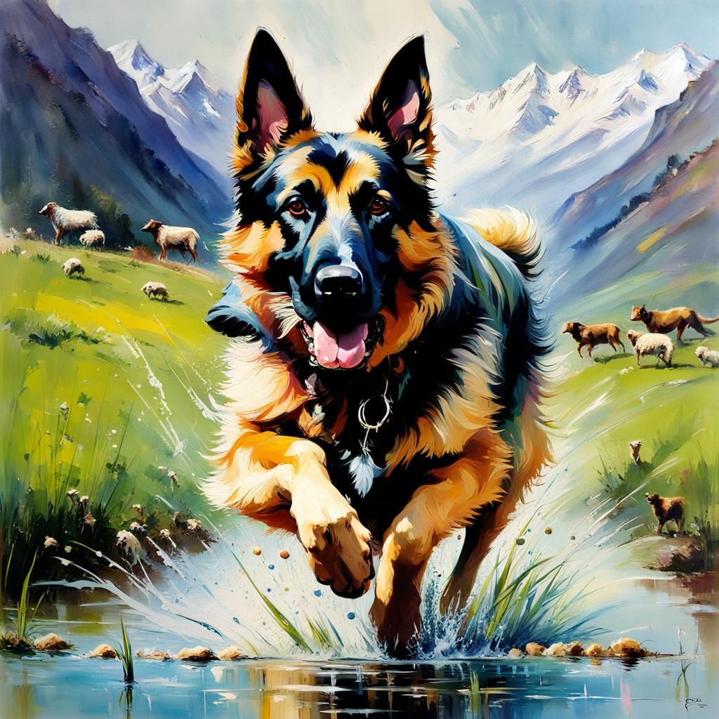 German Shepherd Dog Herding Sheep as Oil Painting