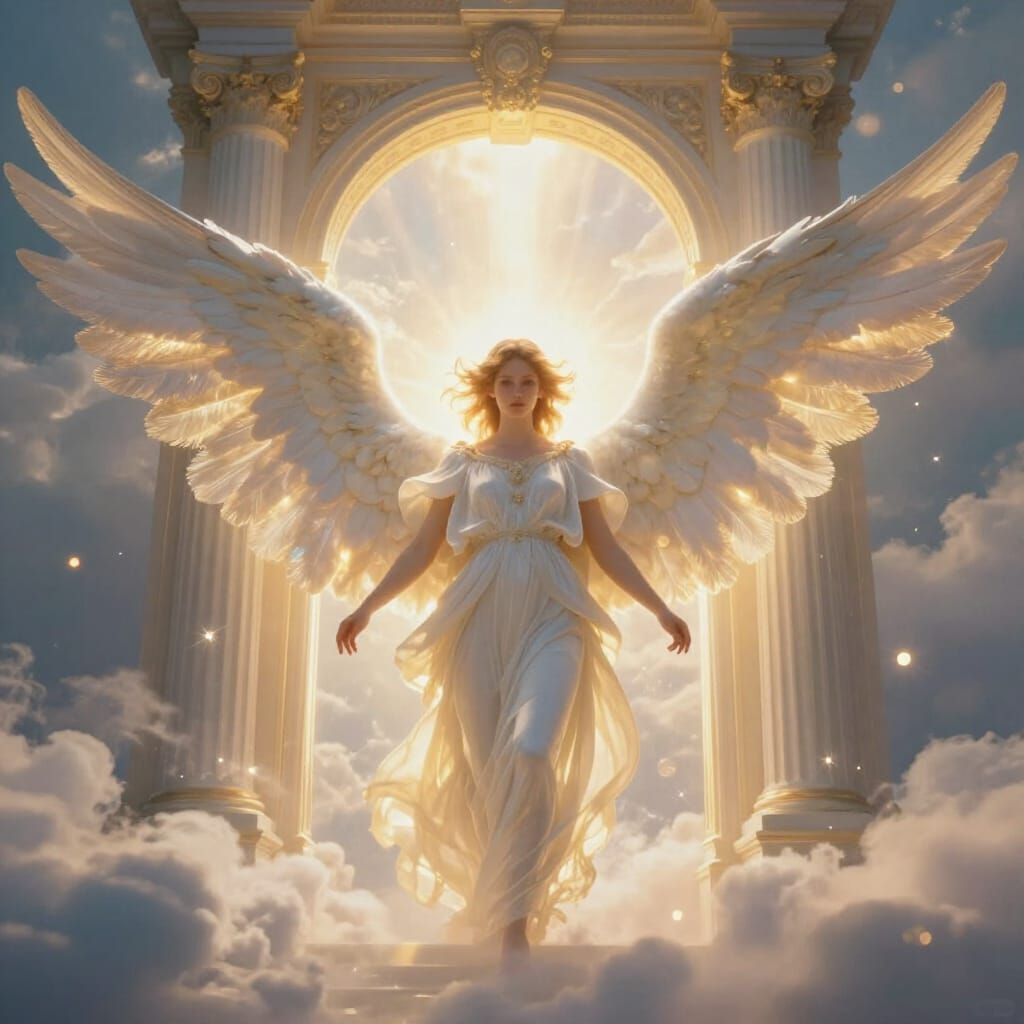 Detailed Angel at Heaven's Gates in Ethereal Light